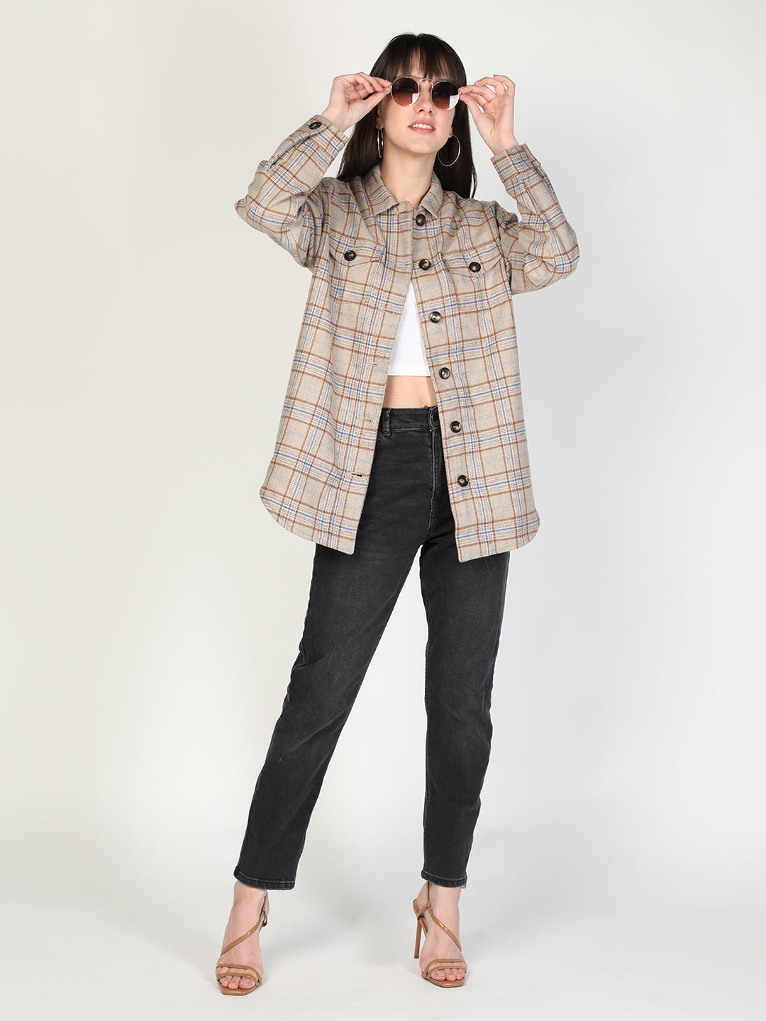 HONNETE Women Beige  Brown Checked Acrylic Longline Shackets