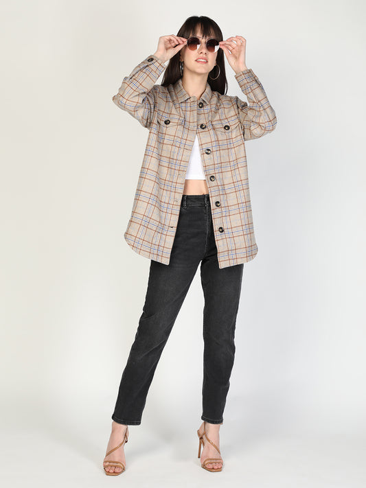 HONNETE Women Beige  Brown Checked Acrylic Longline Shackets