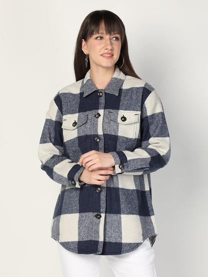 HONNETE Women Blue White Checked Acrylic Longline Shackets