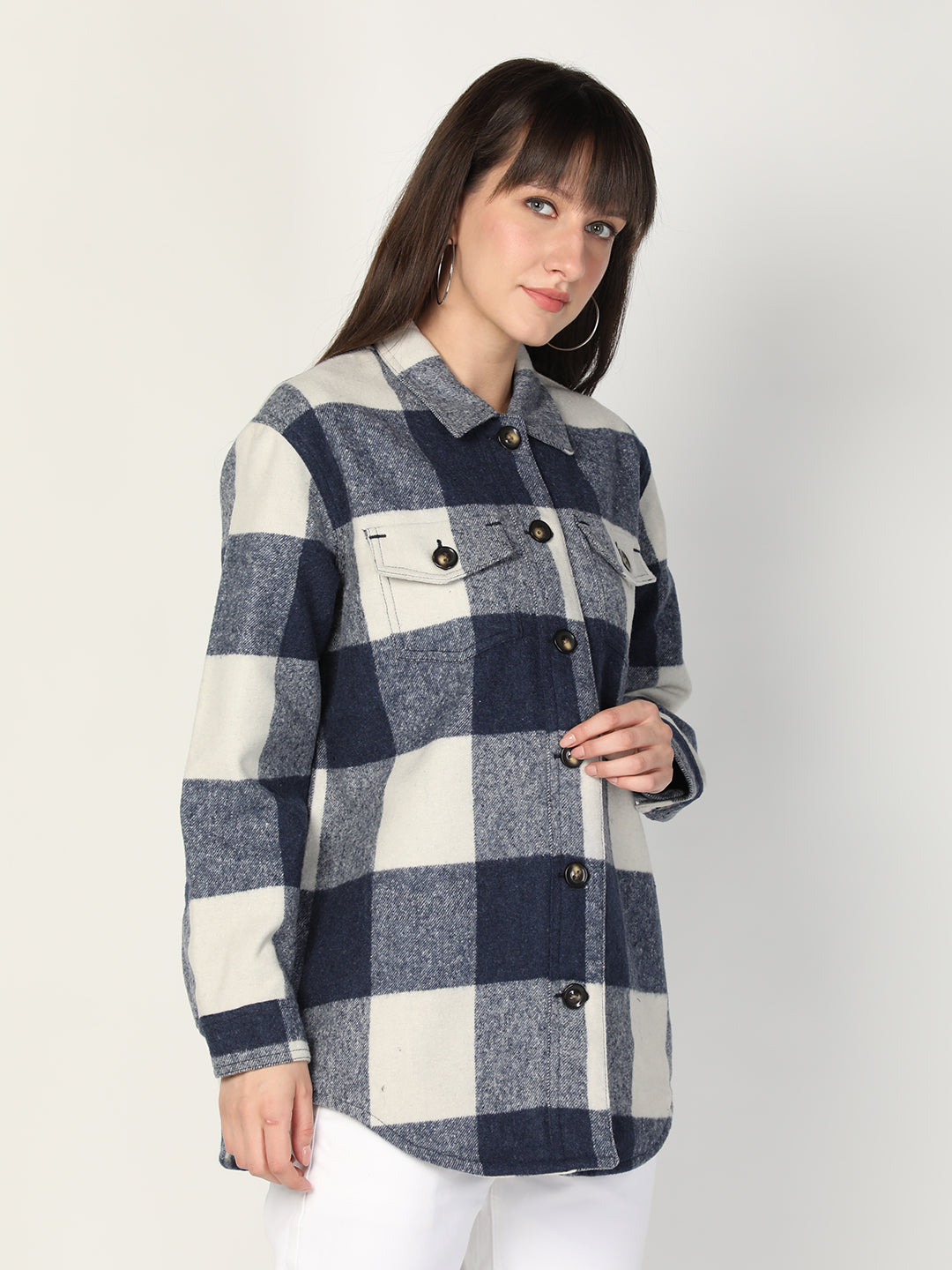 HONNETE Women Blue White Checked Acrylic Longline Shackets