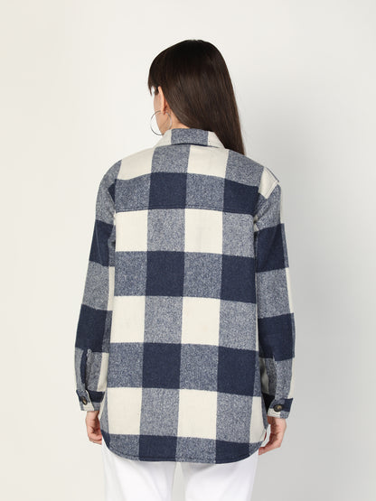 HONNETE Women Blue White Checked Acrylic Longline Shackets