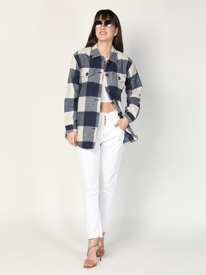 HONNETE Women Blue White Checked Acrylic Longline Shackets