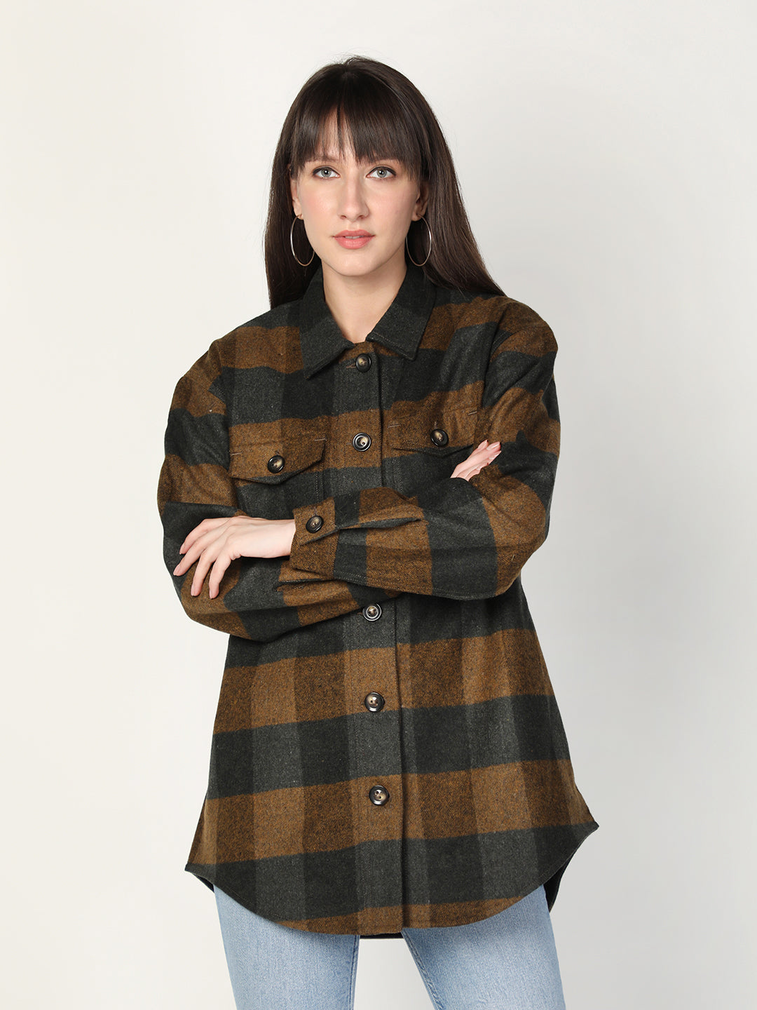 HONNETE Women Brown  Green Checked Spread Collar Acrylic Shackets