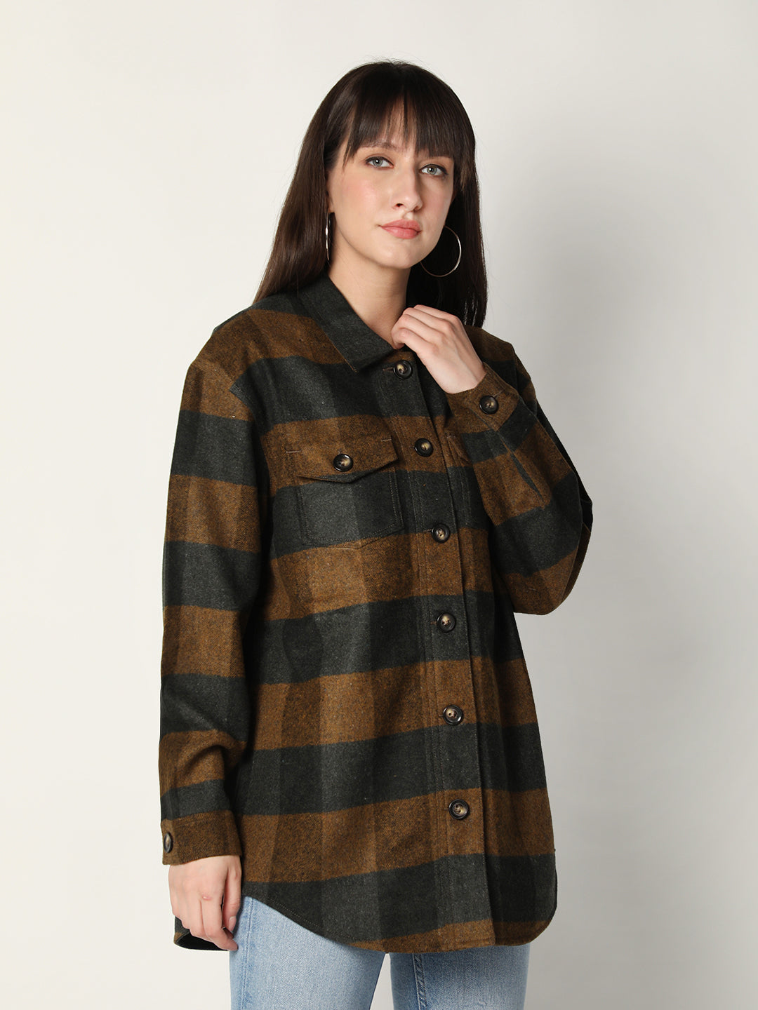 HONNETE Women Brown  Green Checked Spread Collar Acrylic Shackets