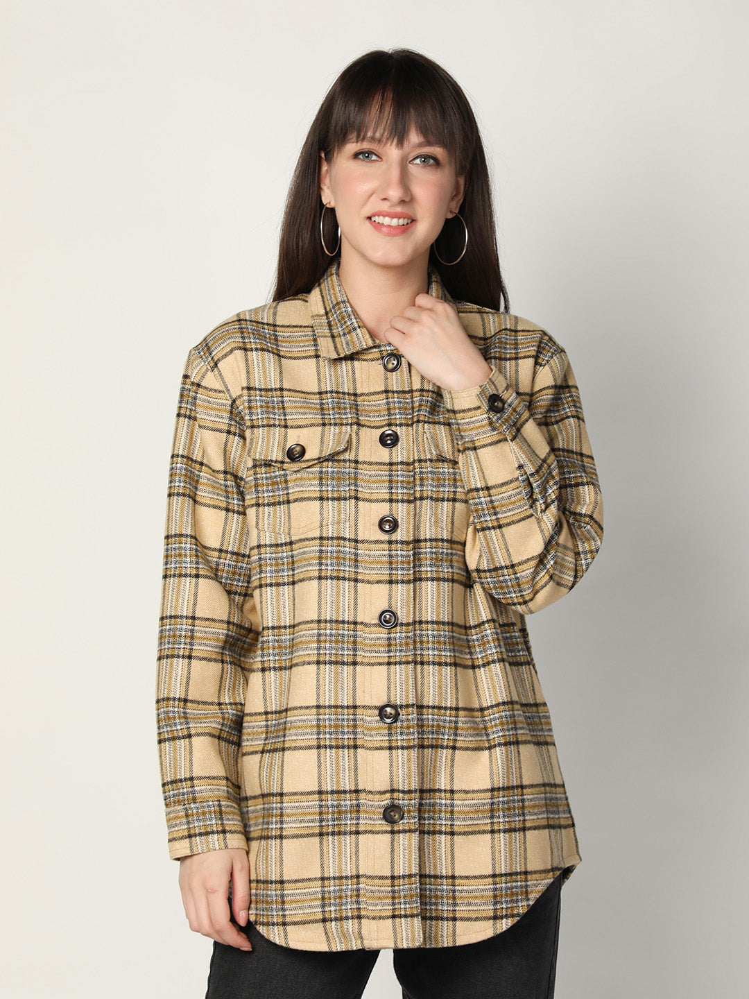 HONNETE Women Beige Black Checked Acrylic Longline Shackets