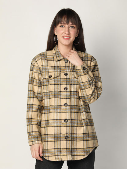 HONNETE Women Beige Black Checked Acrylic Longline Shackets