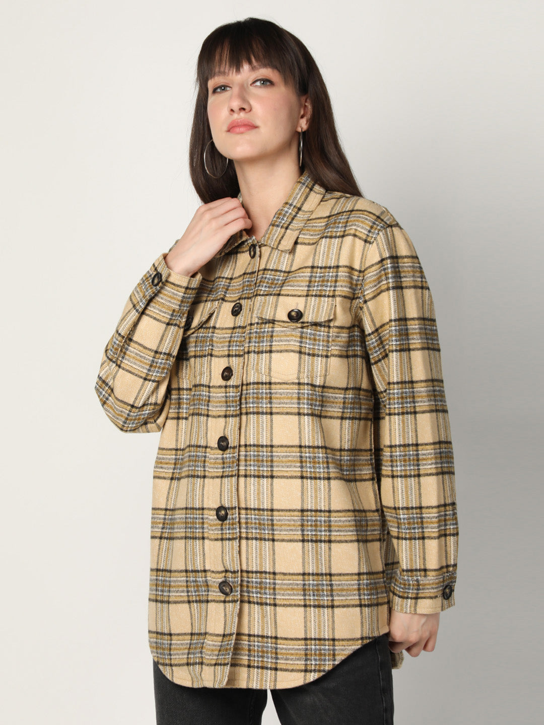 HONNETE Women Beige Black Checked Acrylic Longline Shackets