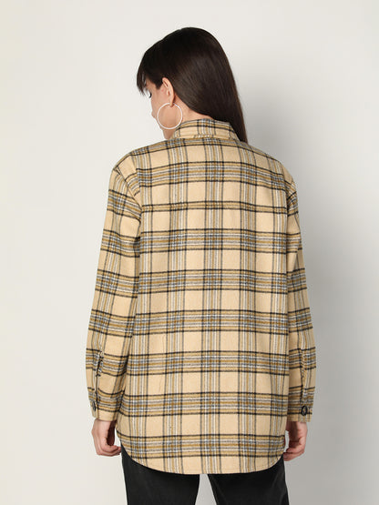 HONNETE Women Beige Black Checked Acrylic Longline Shackets