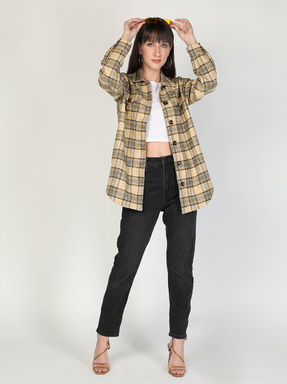 HONNETE Women Beige Black Checked Acrylic Longline Shackets