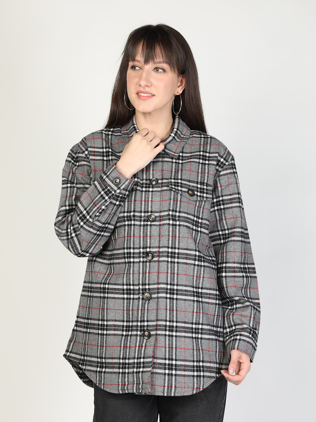 HONNETE Women Grey Checked Acrylic Longline Tailored Jacket