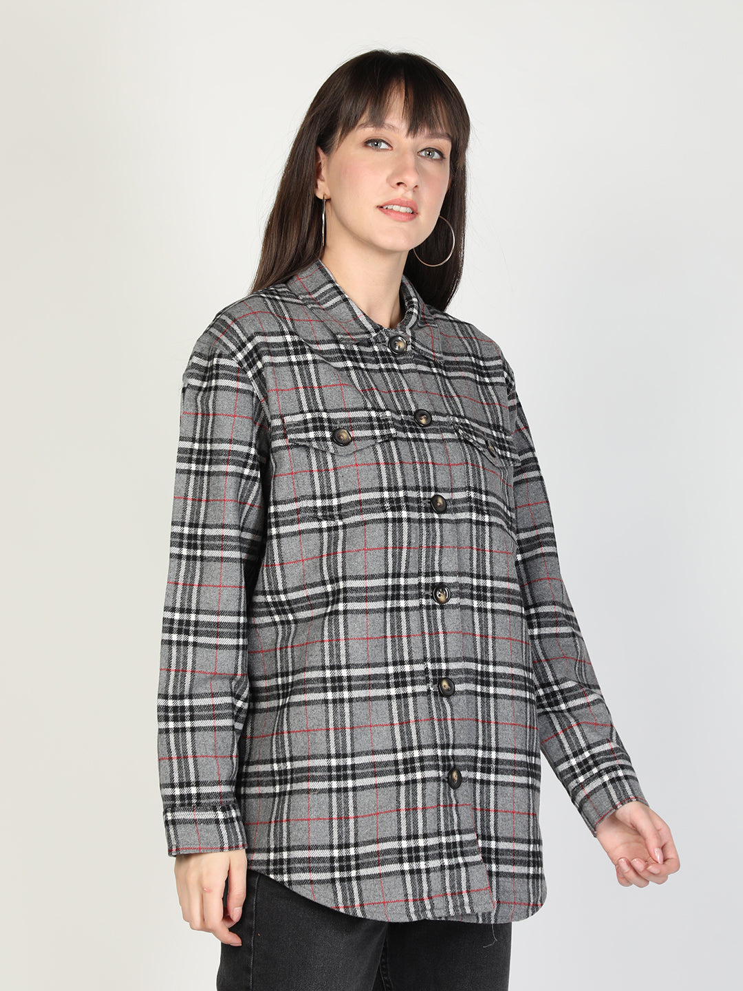 HONNETE Women Grey Checked Acrylic Longline Tailored Jacket