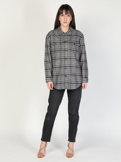 HONNETE Women Grey Checked Acrylic Longline Tailored Jacket