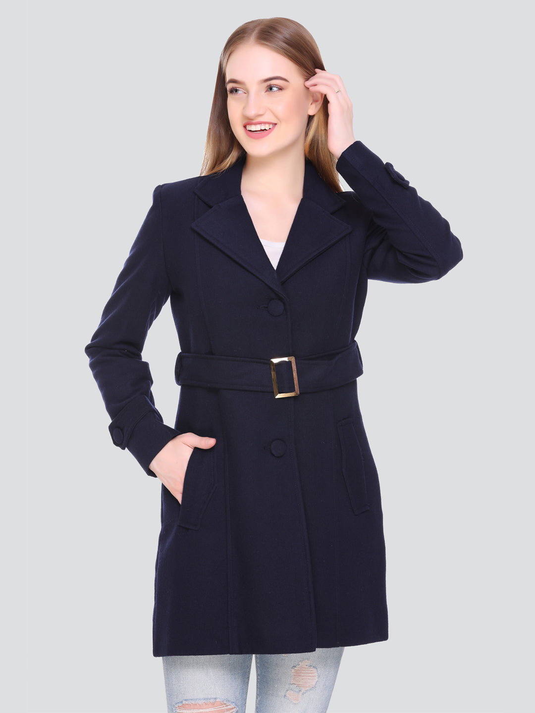 HONNETE Women Navy Blue Solid Trench Coat