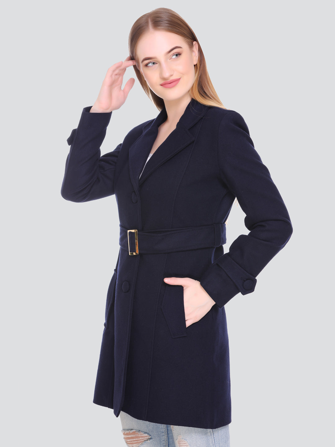 HONNETE Women Navy Blue Solid Trench Coat