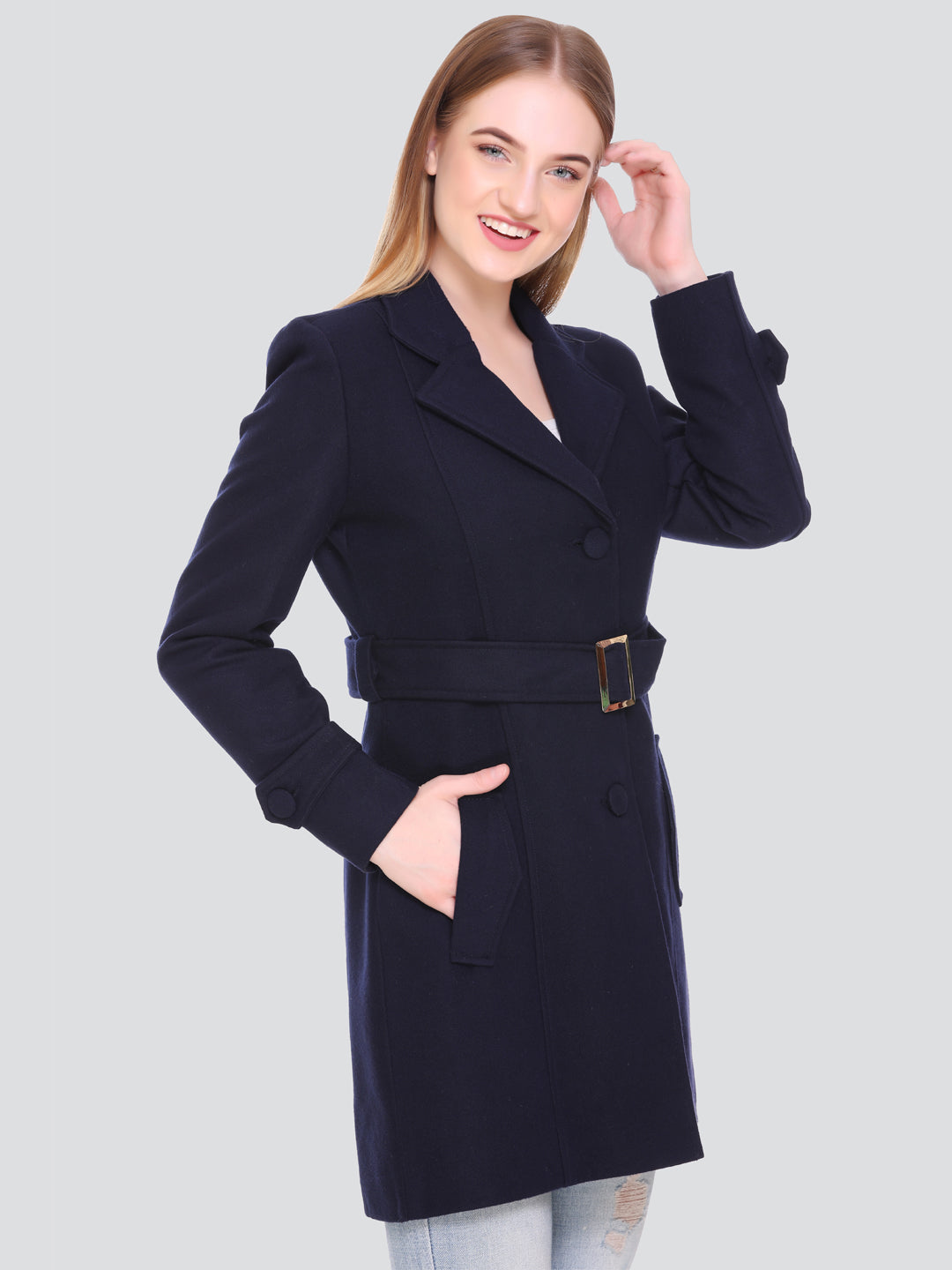 HONNETE Women Navy Blue Solid Trench Coat