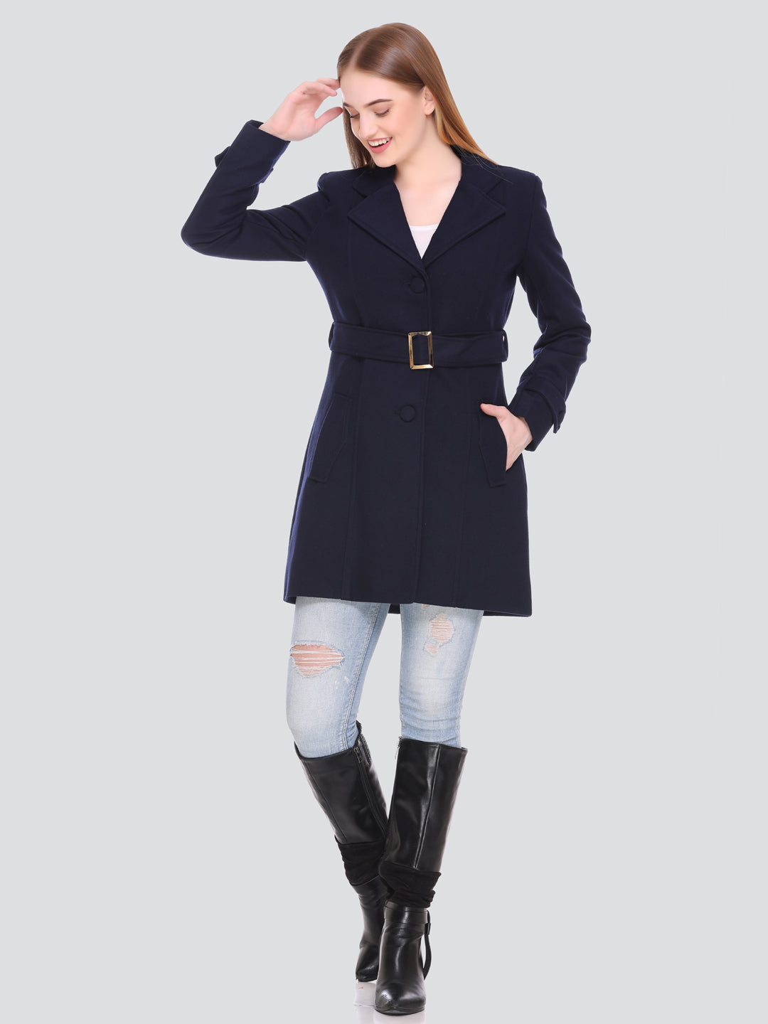 HONNETE Women Navy Blue Solid Trench Coat