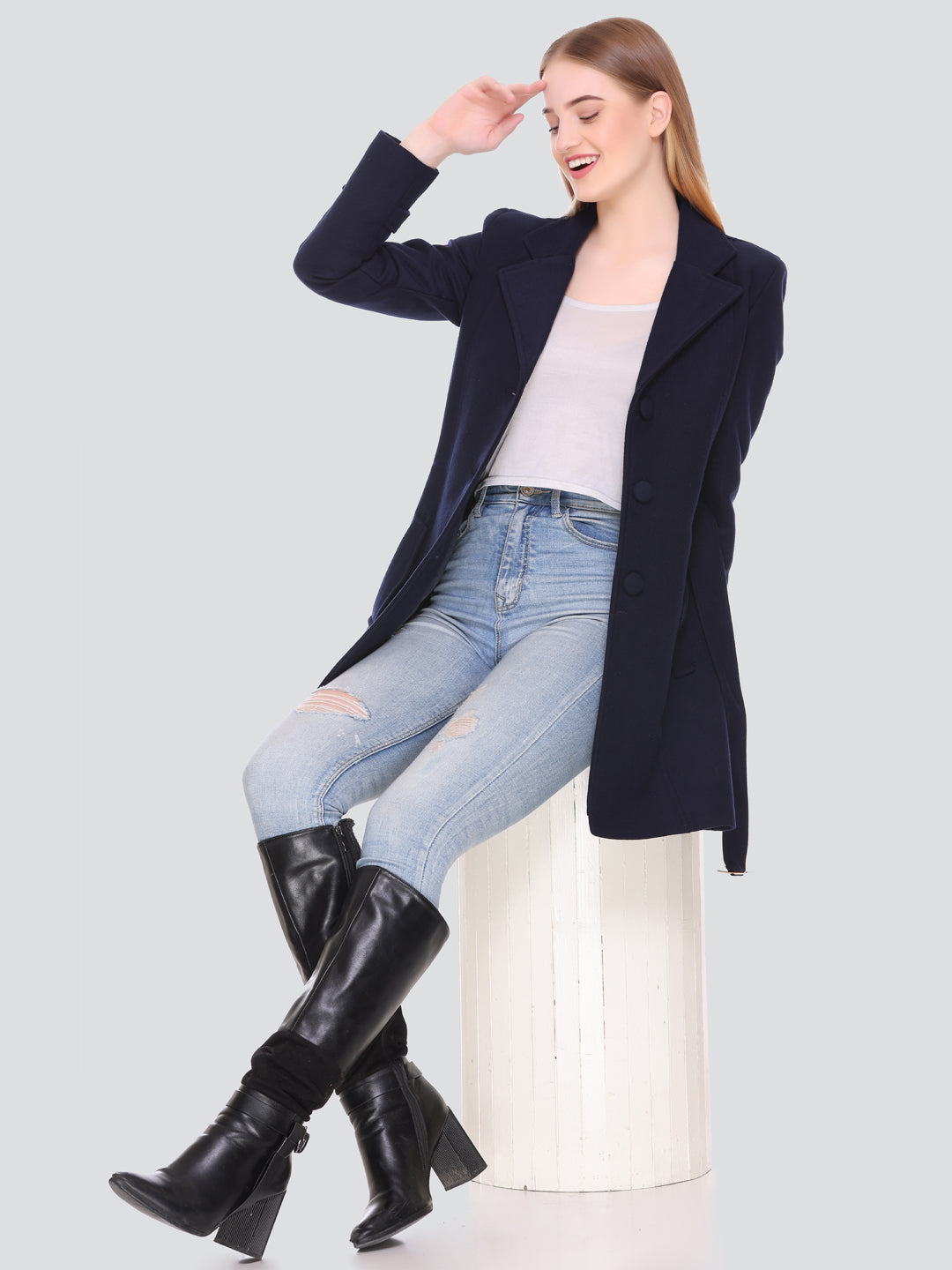 HONNETE Women Navy Blue Solid Trench Coat