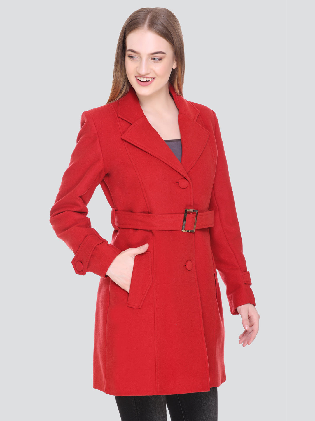 HONNETE Women Red Solid Trench Coat