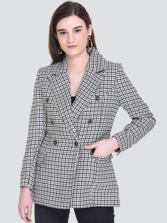 Honnete Winter Black Grey Check Double Breasted Coat for Women