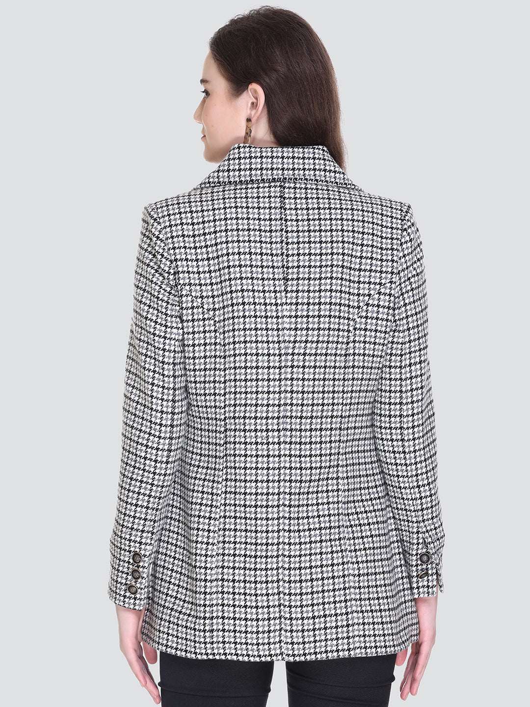 Honnete Winter Black Grey Check Double Breasted Coat for Women