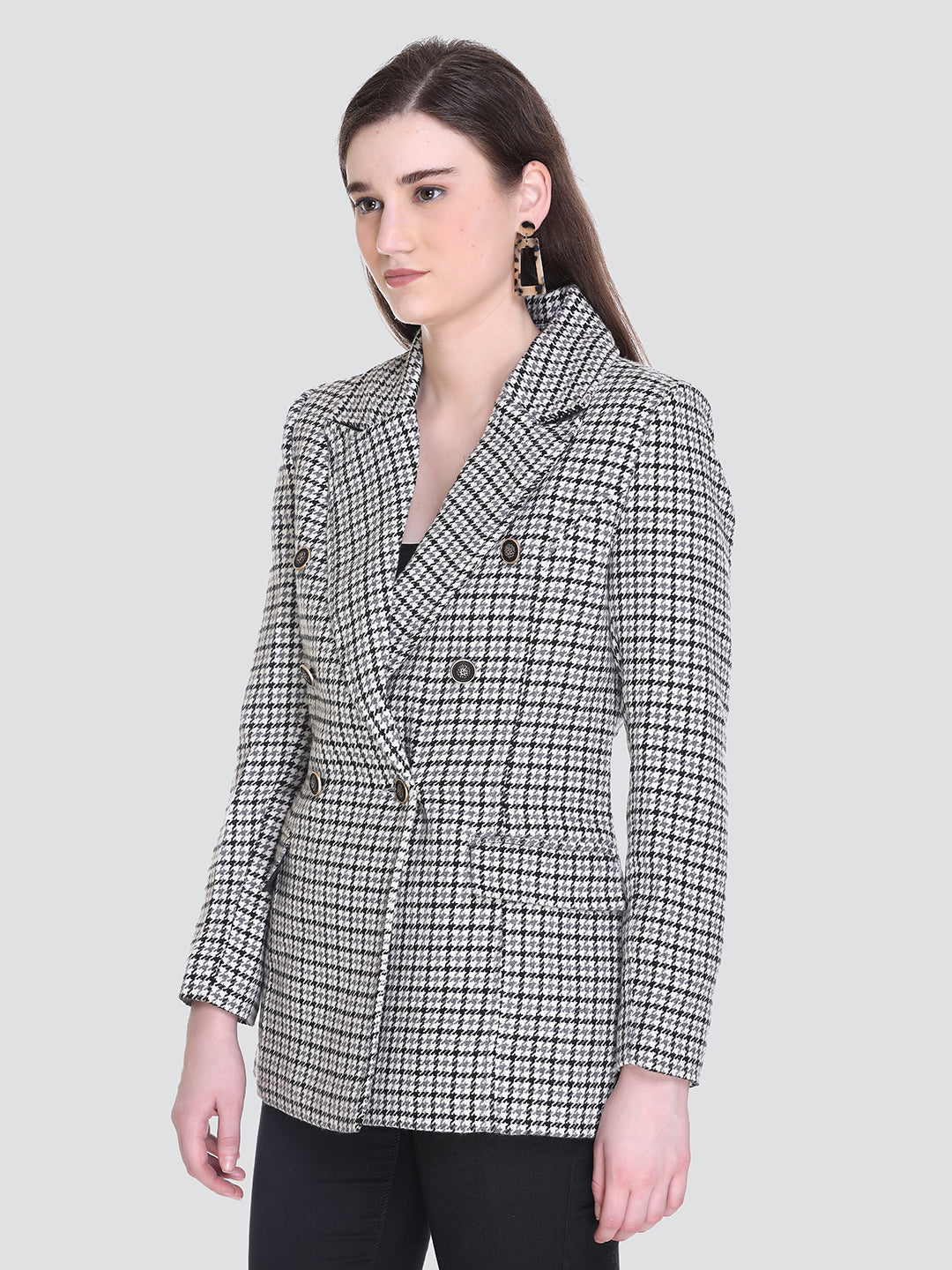 Honnete Winter Black Grey Check Double Breasted Coat for Women