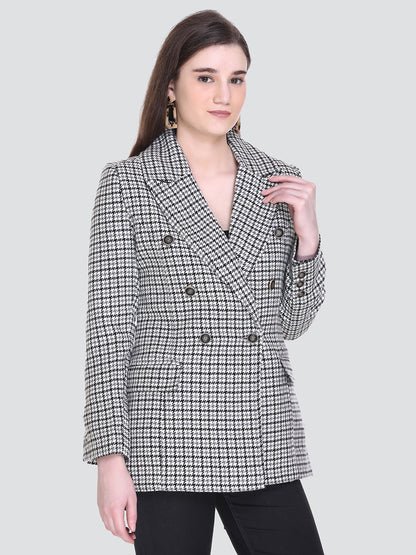 Honnete Winter Black Grey Check Double Breasted Coat for Women