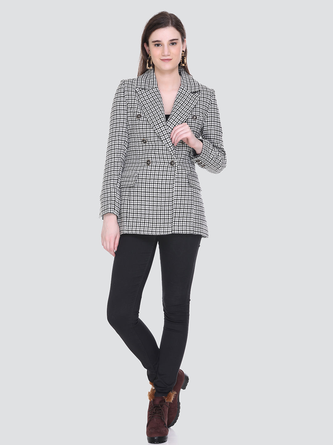 Honnete Winter Black Grey Check Double Breasted Coat for Women