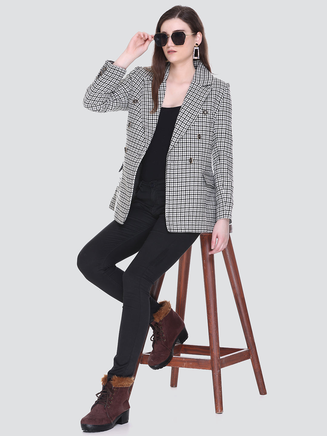 Honnete Winter Black Grey Check Double Breasted Coat for Women