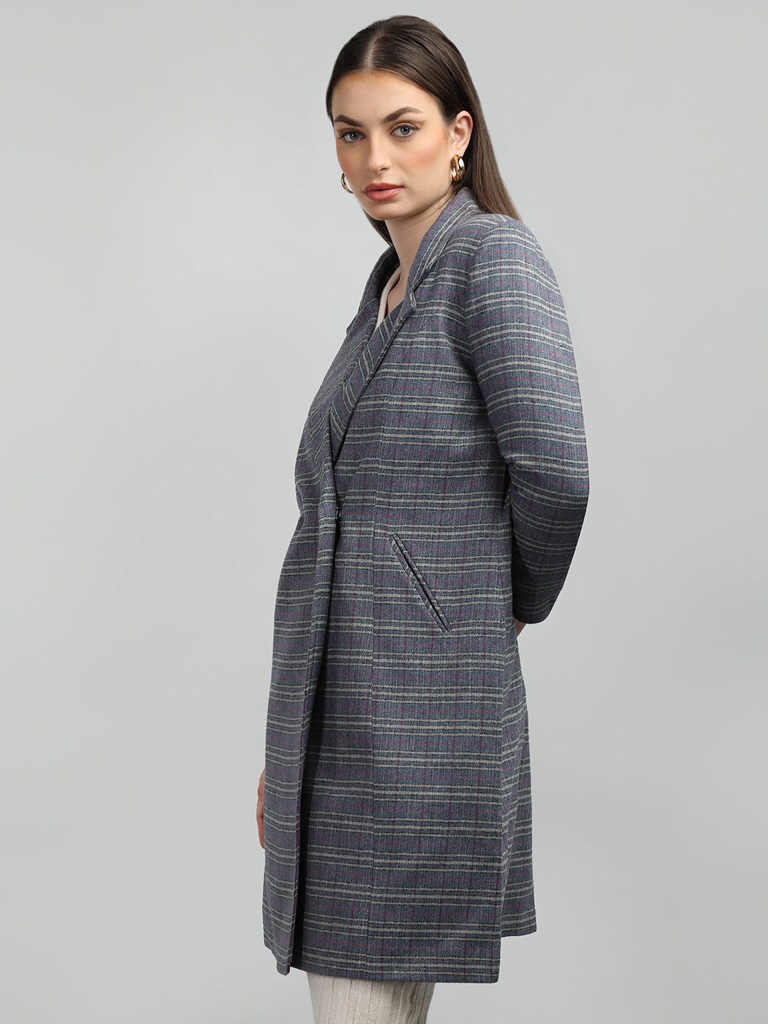 HONNETE Checked Notched Lapel Trench Coat