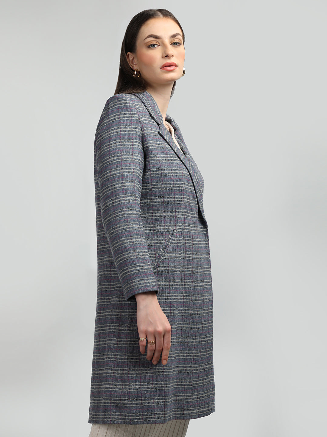 HONNETE Checked Notched Lapel Trench Coat