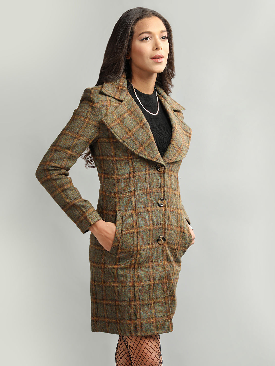 HONNETE Checked Single-breasted Trench Coat