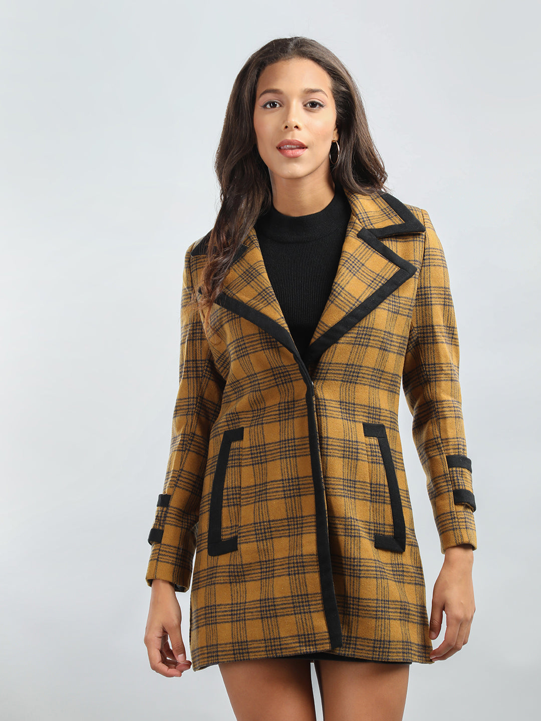 HONNETE Checked Notch Lapel Collar Regular Fit Casual Trench Coat