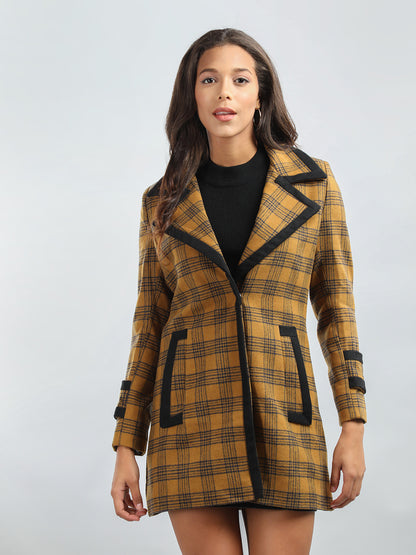 HONNETE Checked Notch Lapel Collar Regular Fit Casual Trench Coat