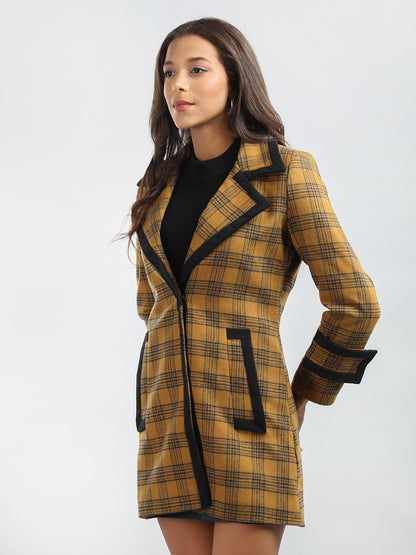 HONNETE Checked Notch Lapel Collar Regular Fit Casual Trench Coat