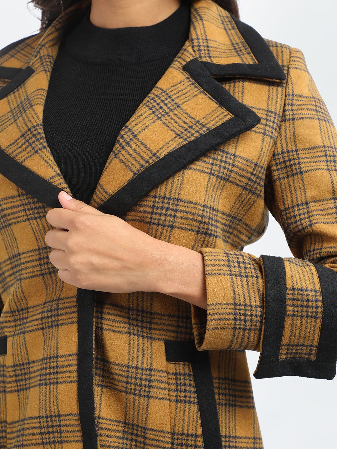 HONNETE Checked Notch Lapel Collar Regular Fit Casual Trench Coat