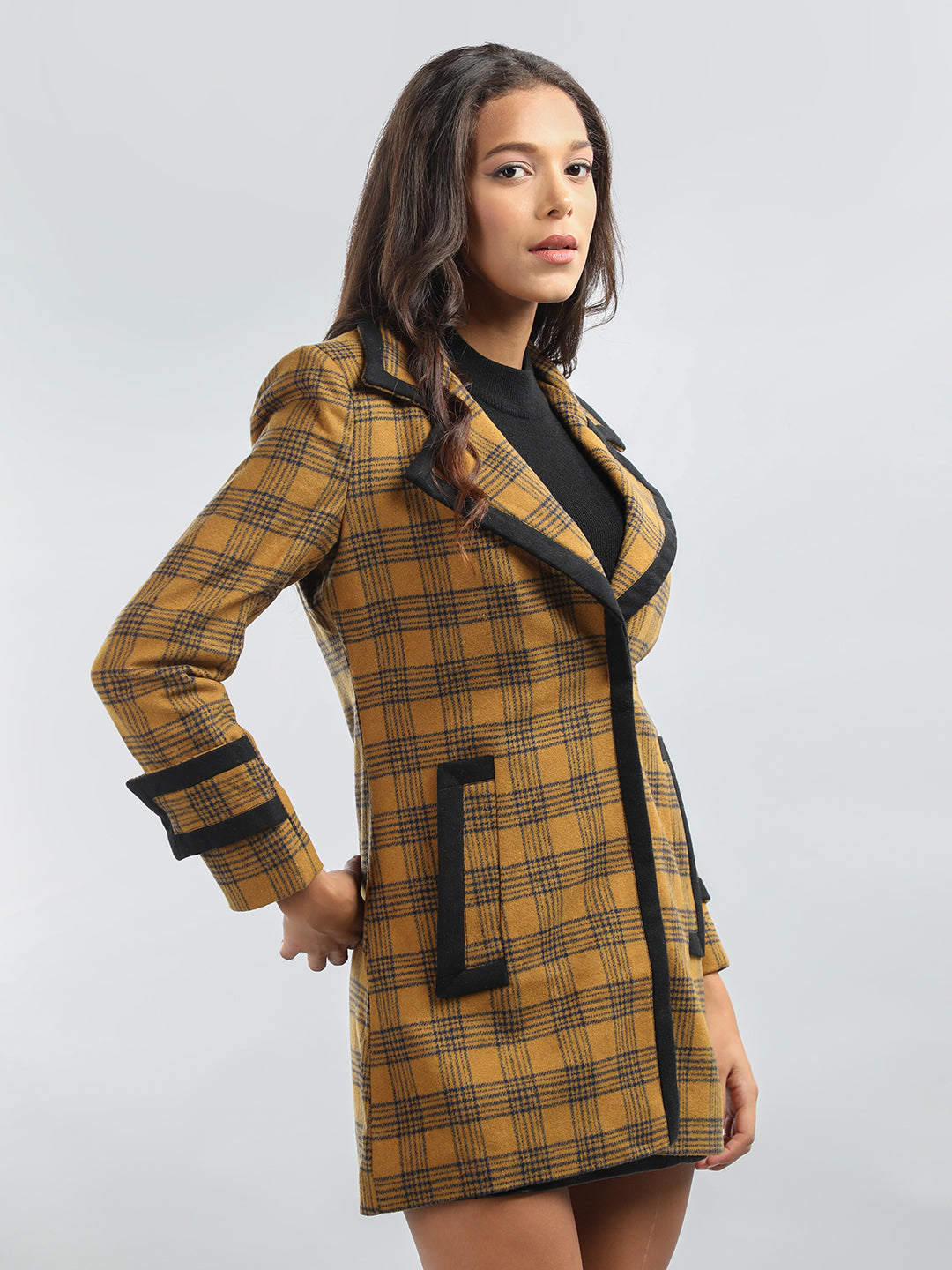 HONNETE Checked Notch Lapel Collar Regular Fit Casual Trench Coat