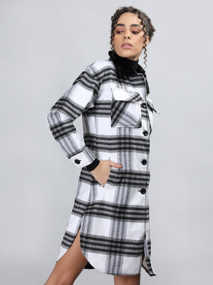 Honnete Casual Regular Fit Wide Black Check Women Winter Coat