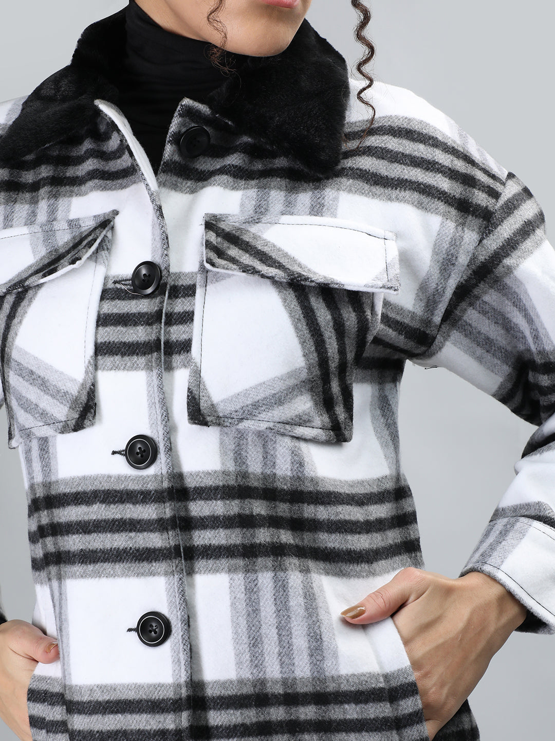 Honnete Casual Regular Fit Wide Black Check Women Winter Coat