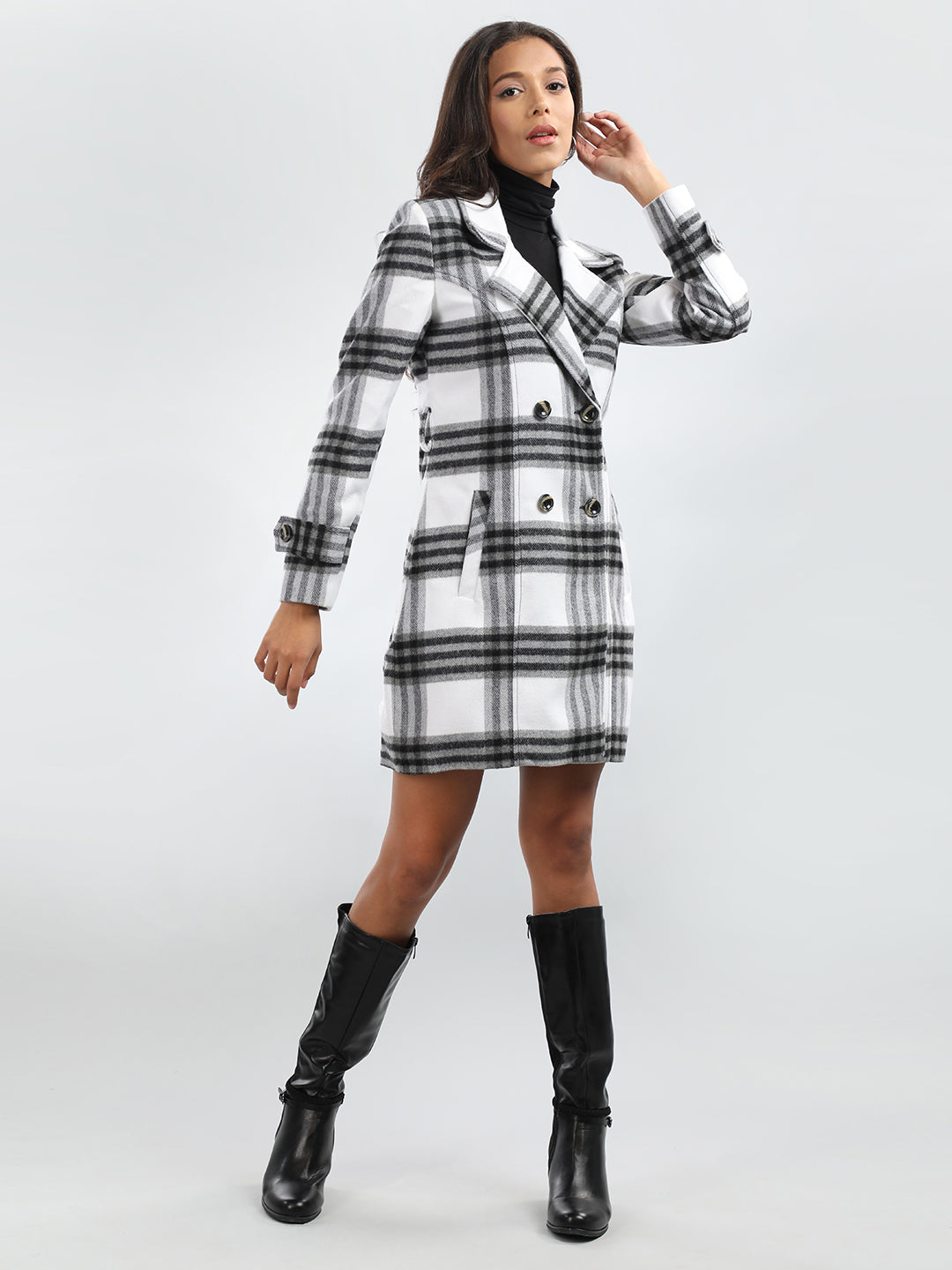 HONNETE Checked Double-breasted Regular Fit Trench Coat