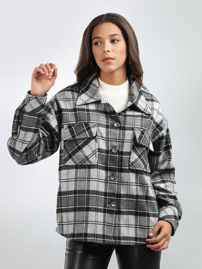 HONNETE Women Checked Notched Lapel Collar Pea Shacket