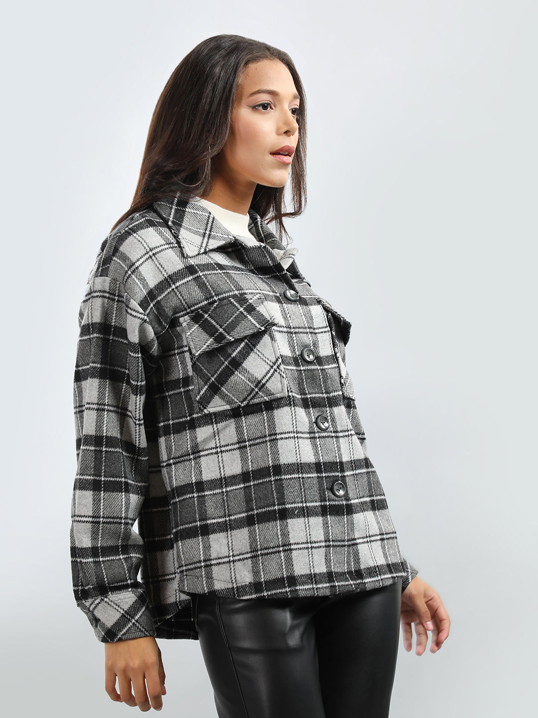 HONNETE Women Checked Notched Lapel Collar Pea Shacket