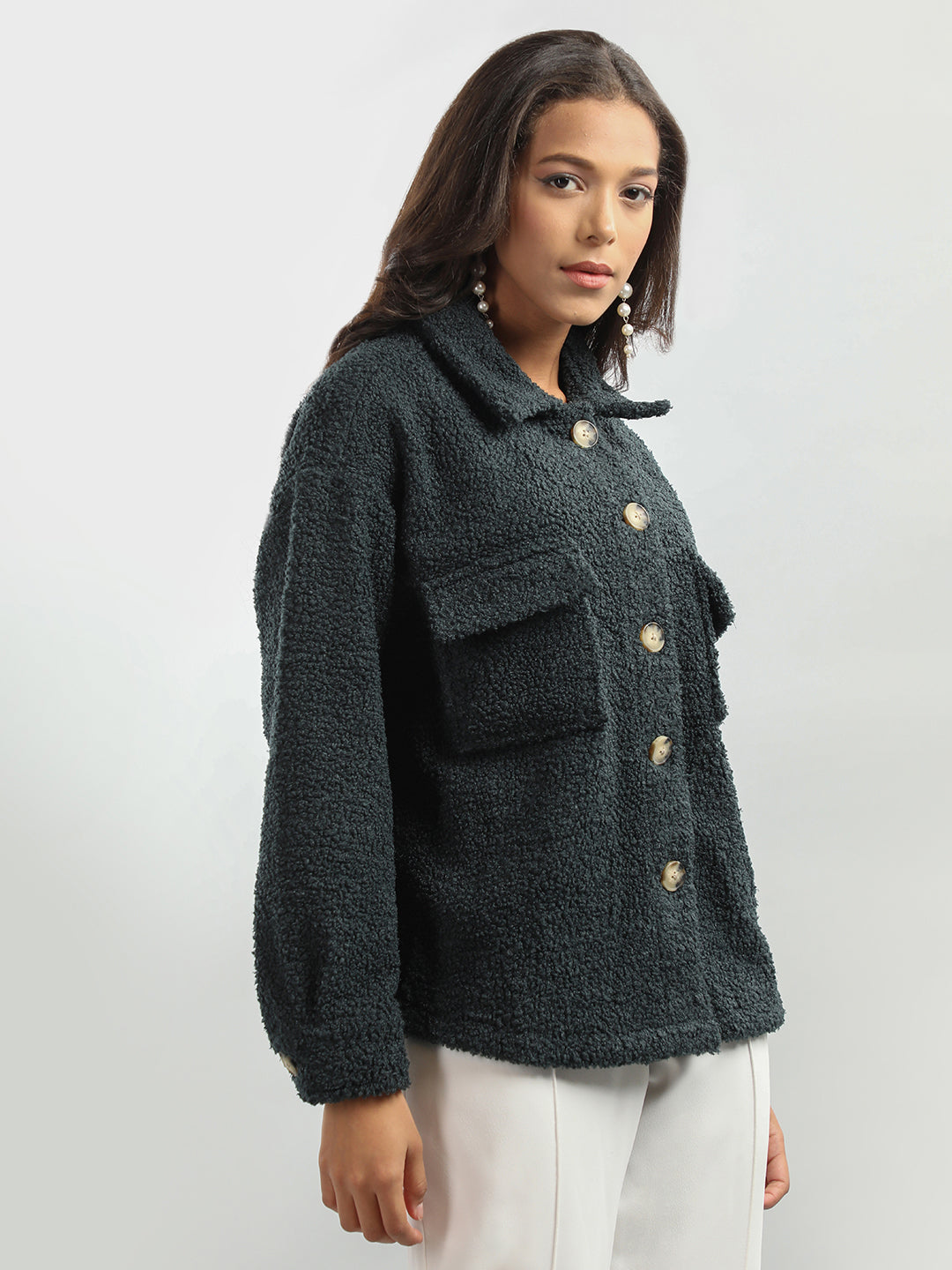 HONNETE Spread Collar Buttoned Pea Shacket With Faux Fur Trims