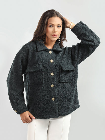 HONNETE Spread Collar Buttoned Pea Shacket With Faux Fur Trims