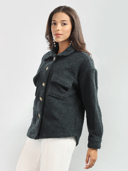 HONNETE Spread Collar Buttoned Pea Shacket With Faux Fur Trims