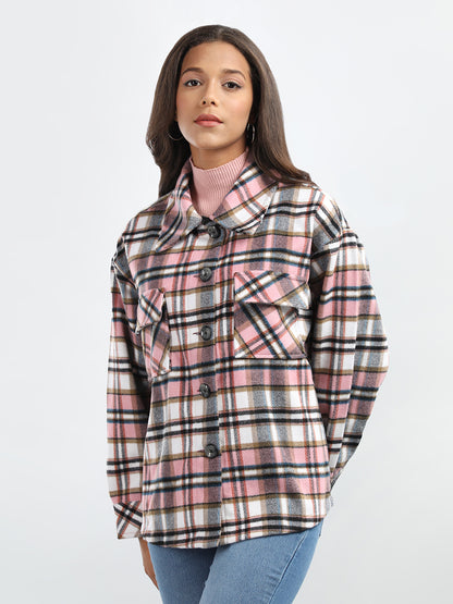 HONNETE Checked Peter Pan Collar Pea Coat