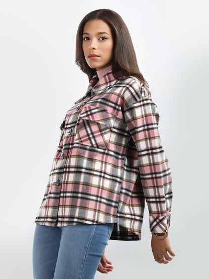 HONNETE Checked Peter Pan Collar Pea Coat