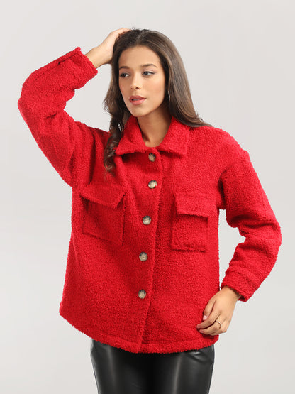 HONNETE Spread Collar Buttoned Pea Shacket With Faux Fur Trims