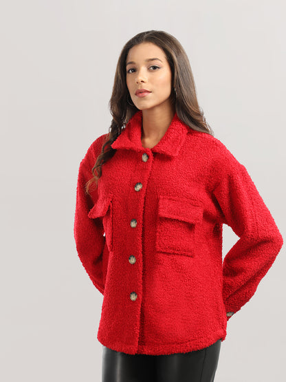 HONNETE Spread Collar Buttoned Pea Shacket With Faux Fur Trims