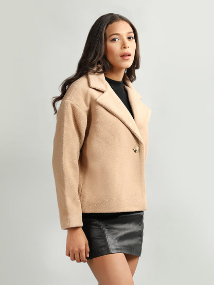 HONNETE Notch Lapel Collar Regular Fit Pea Coat With Faux Fur Trim