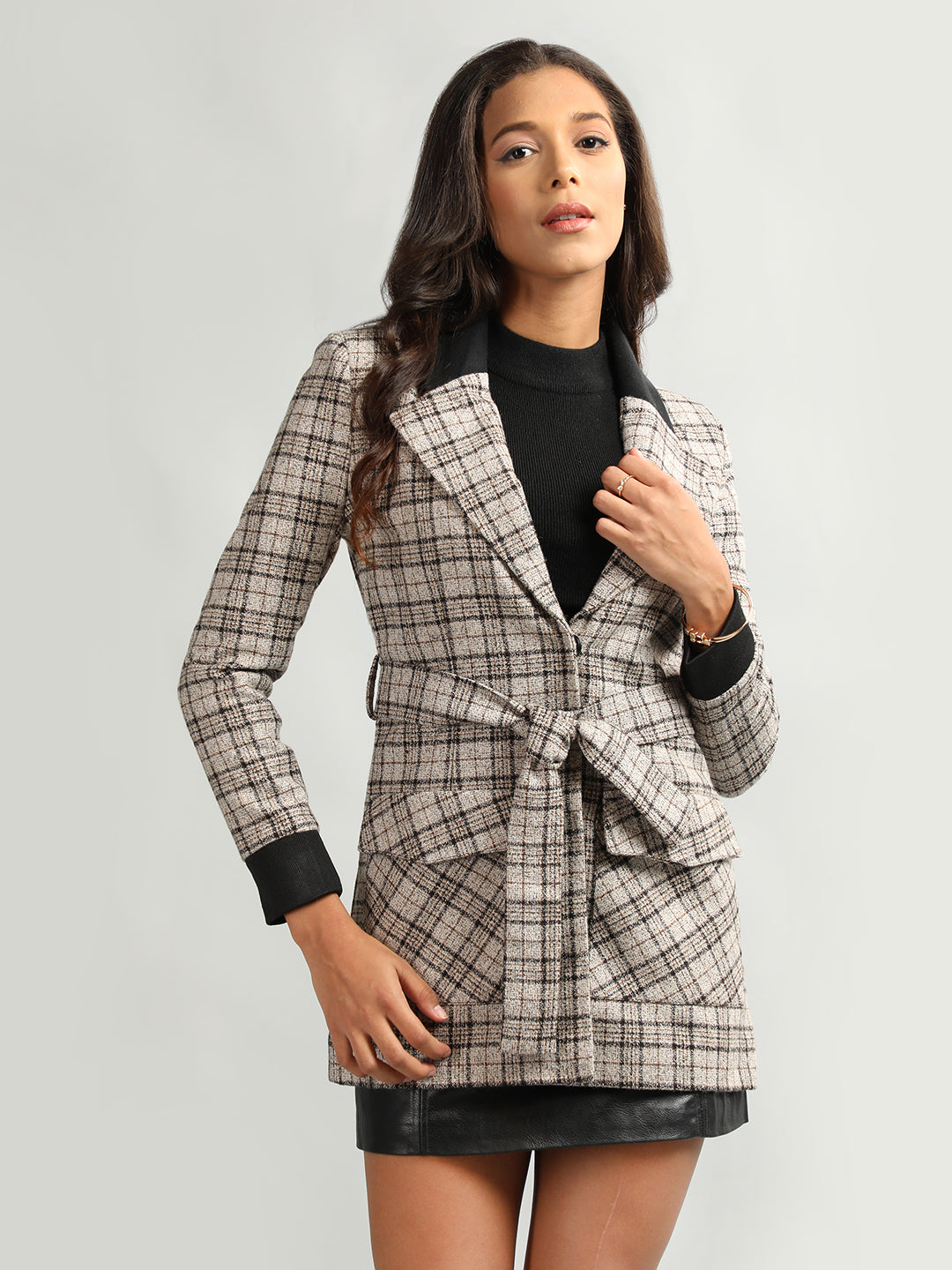 HONNETE Checked Notch Lapel Collar Regular Fit Casual Trench Coat